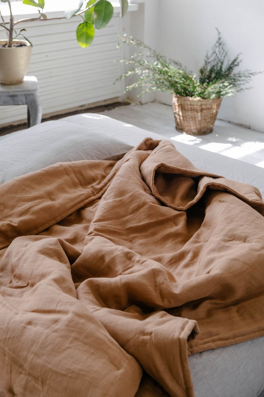 Soft Natural HEMP Linen blanket organic Hemp fiber filling in Natural Linen Fabric Full Twin Queen custom size cozy organic quilted blanket