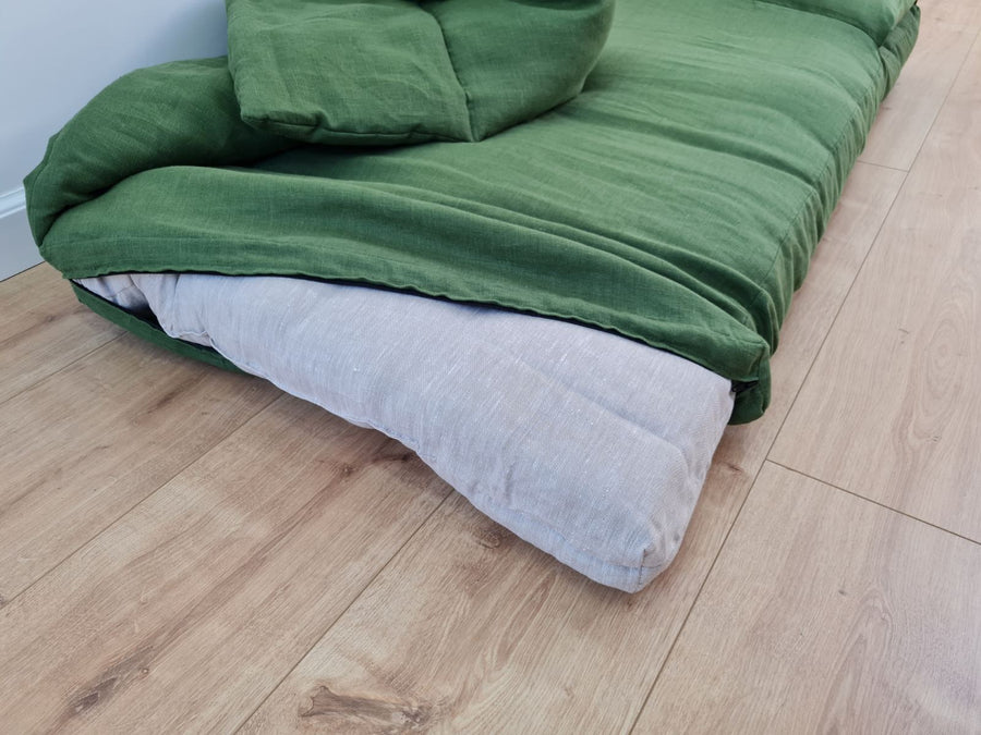 Special listing for Casey Heitmann one 38"L x 26" W hemp sleeping bag with pillow in mustard linen fabric, with white thread embroidery of the Rowen name, with a grey mat inside 2.3" thick