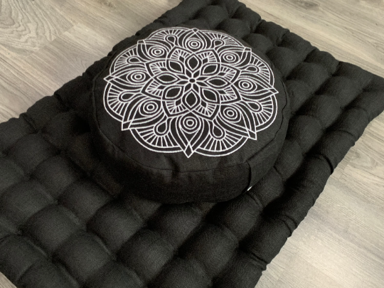 Black Meditation set of Zafu and Zabuton with Mandala embroidery floor cushions with organic buckwheat hulls