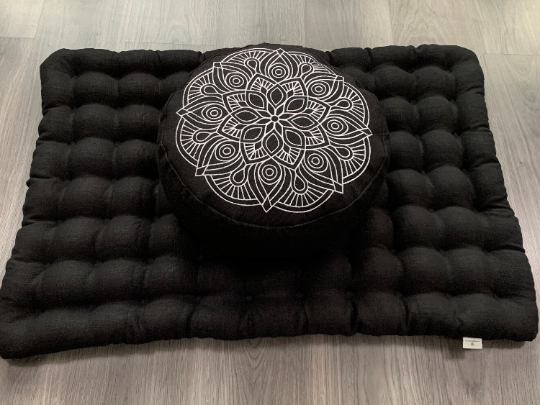 Black Meditation set of Zafu and Zabuton with Mandala embroidery floor cushions with organic buckwheat hulls