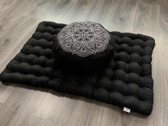 Black Meditation set of Zafu and Zabuton with Mandala embroidery floor cushions with organic buckwheat hulls