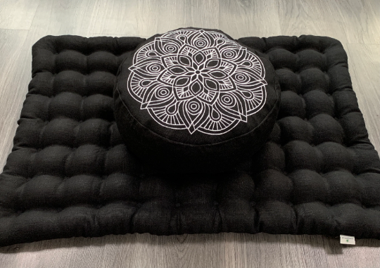 Black Meditation set of Zafu and Zabuton with Mandala embroidery floor cushions with organic buckwheat hulls