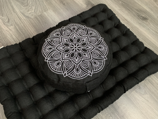 Black Meditation set of Zafu and Zabuton with Mandala embroidery floor cushions with organic buckwheat hulls