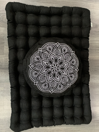 Black Meditation set of Zafu and Zabuton with Mandala embroidery floor cushions with organic buckwheat hulls