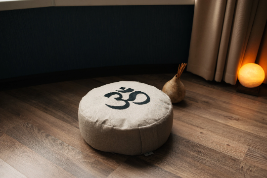 Embroidery Zafu OM Linen floor cushion with Buckwheat hulls /Organic Meditation cushion/ pillow seat