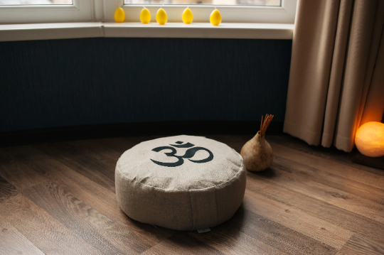 Embroidery Zafu OM Linen floor cushion with Buckwheat hulls /Organic Meditation cushion/ pillow seat