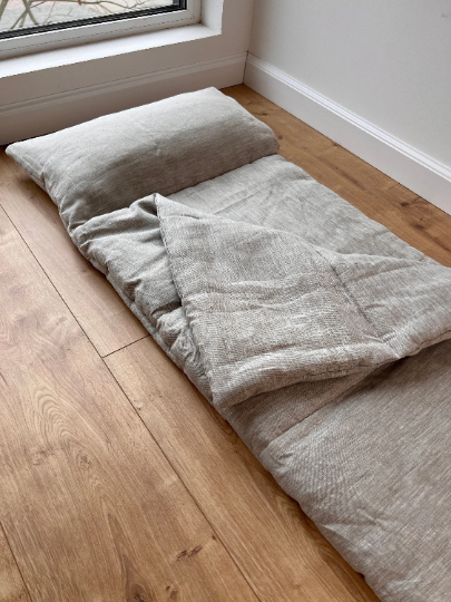 Kinder Garden Hemp Linen Sleep Bag with Pillow School Nap Mat Kids Organic Hemp Fiber Filling in Linen Fabric blanket quilt, hand made