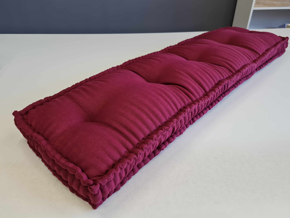 Hemp Custom madeWindow Mudroom Floor bench cushion filled organic hemp fiber in natural Maroon linen fabric unique all natural pillow
