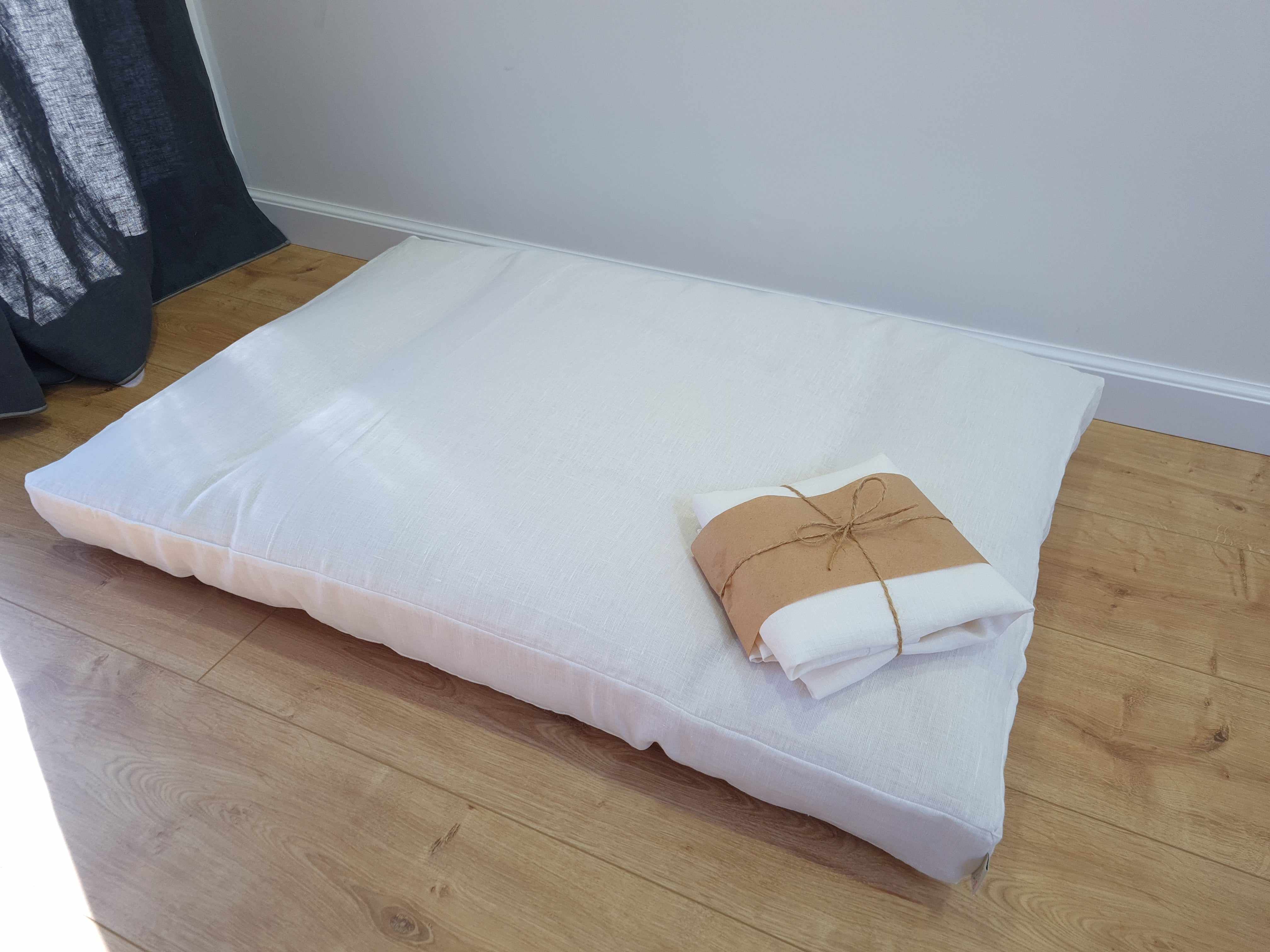 Hemp Linen pet mat pad mattress cushion with two removable White linen covers organic hemp fiber filler in white linen fabric