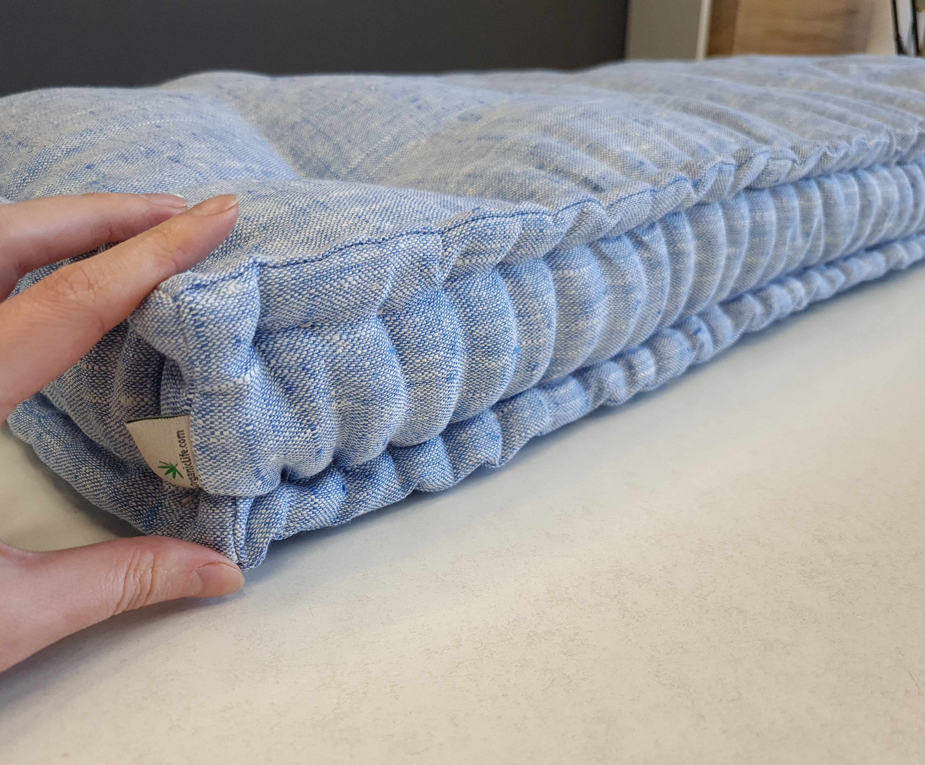 Hemp Custom madeWindow Mudroom Floor bench cushion filled organic hemp fiber in natural light blue linen fabric unique all natural pillow