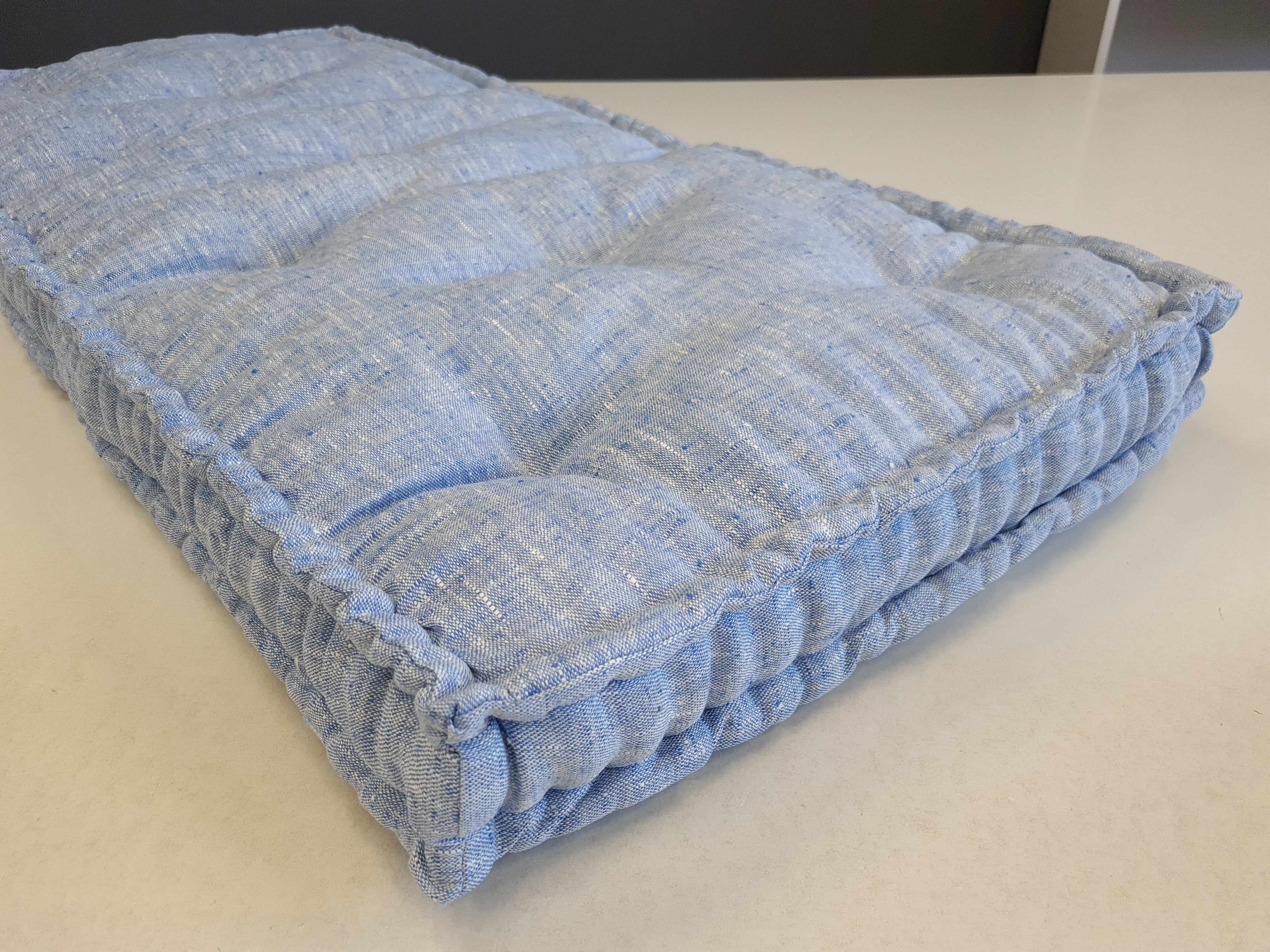 Hemp Custom madeWindow Mudroom Floor bench cushion filled organic hemp fiber in natural light blue linen fabric unique all natural pillow