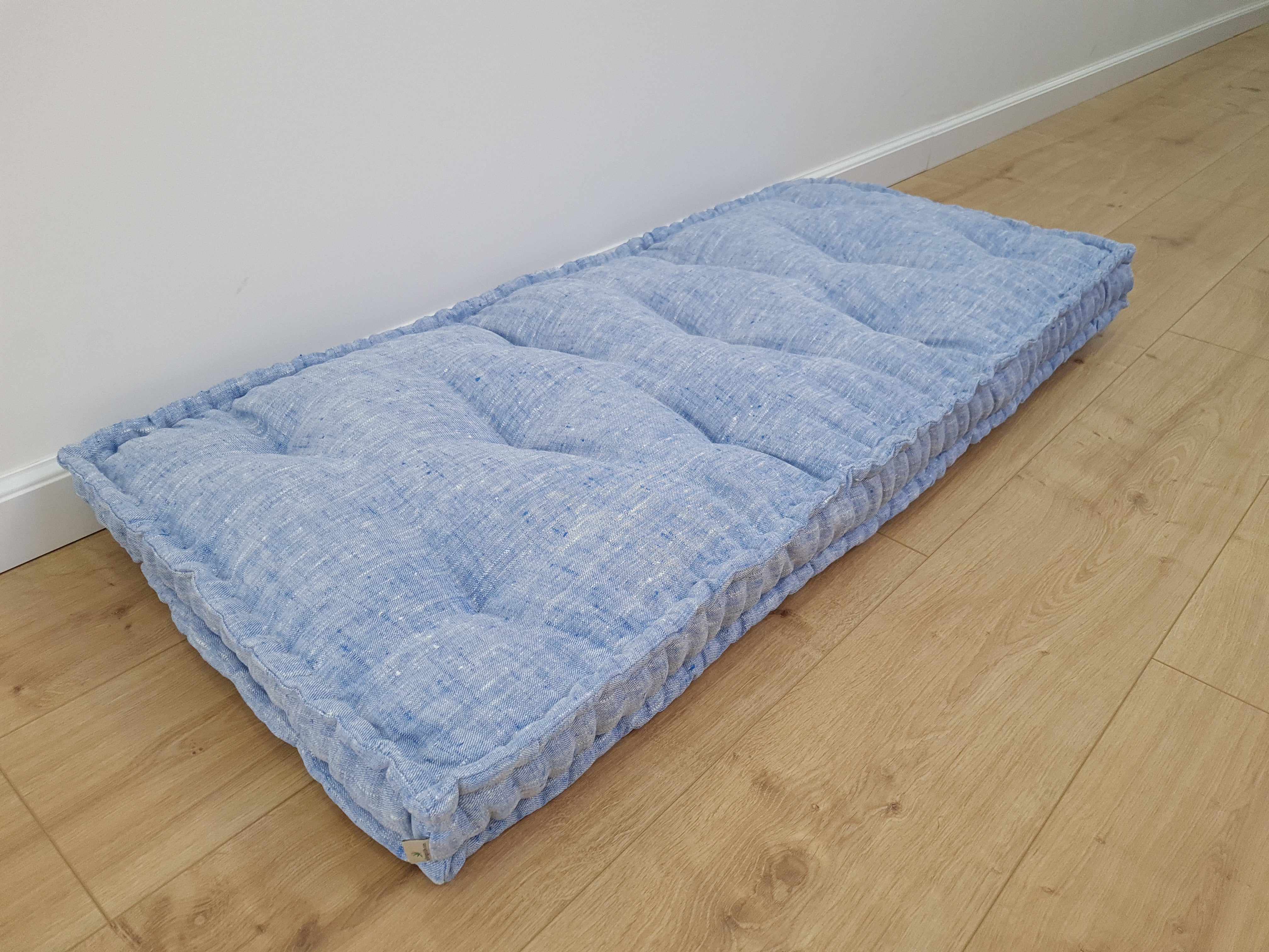 Hemp Custom madeWindow Mudroom Floor bench cushion filled organic hemp fiber in natural light blue linen fabric unique all natural pillow