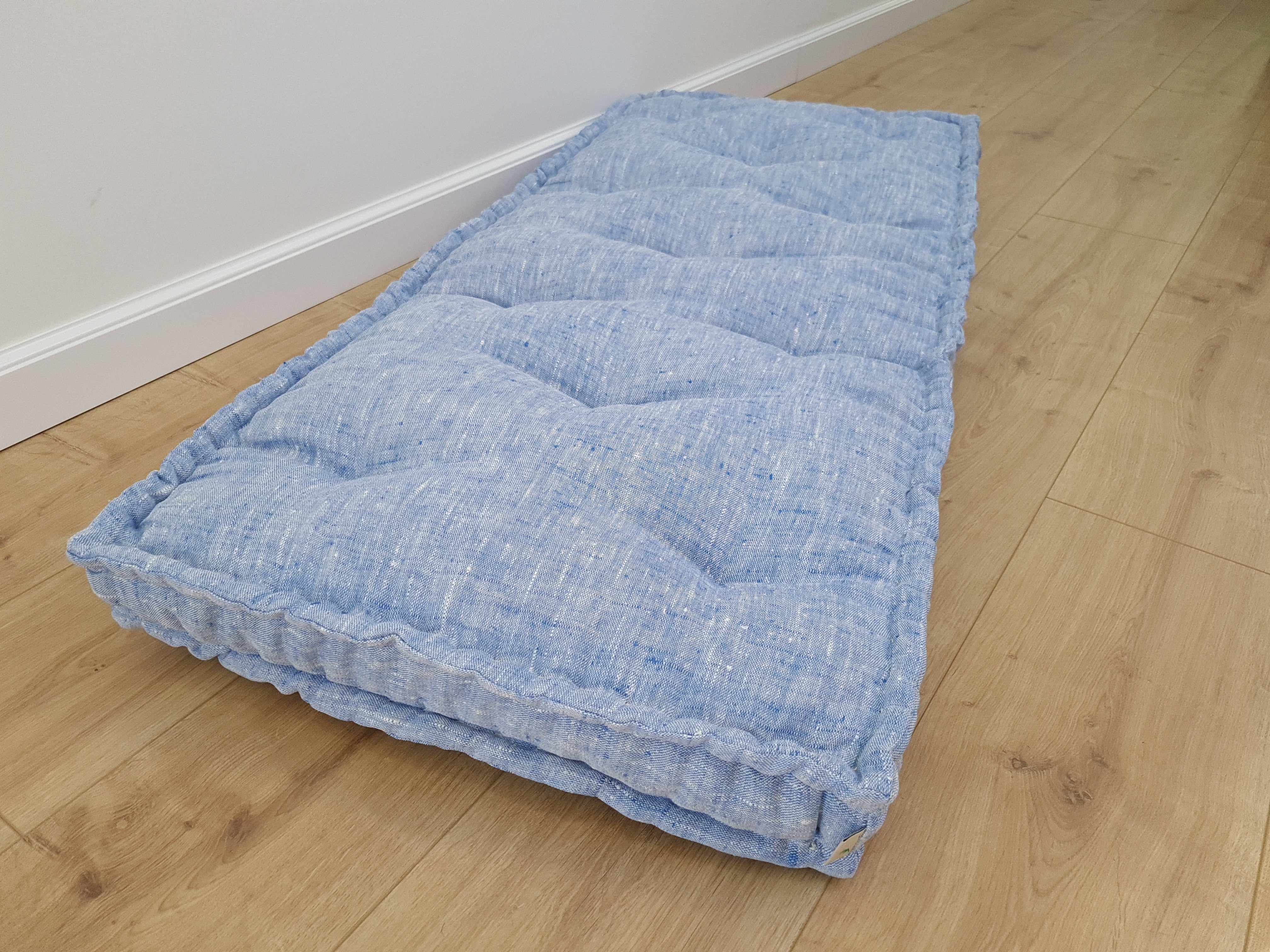 Hemp Custom madeWindow Mudroom Floor bench cushion filled organic hemp fiber in natural light blue linen fabric unique all natural pillow