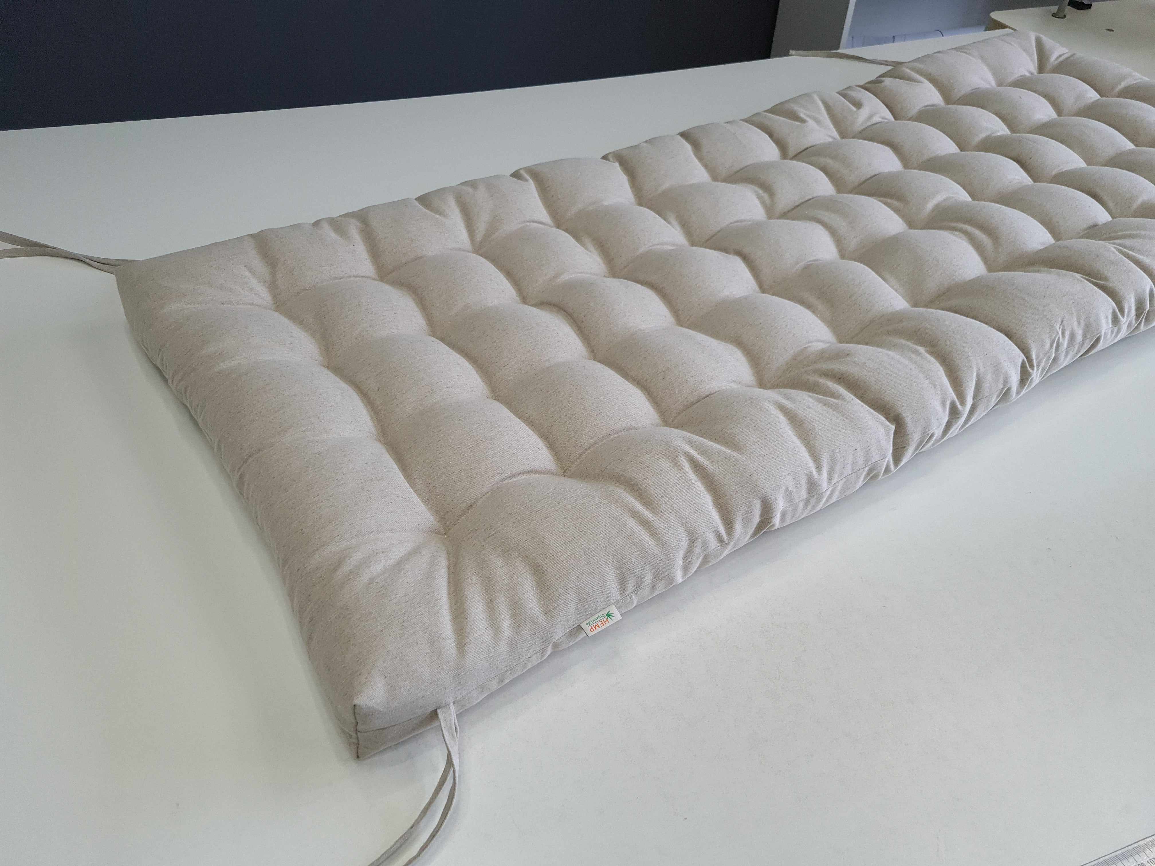 Hemp Linen cushion with ties filled organic hemp fiber in natural non dyed linen fabric window bench cushion custom made