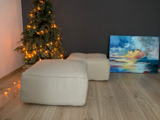 Unique HEMP floor cushion Marogan filled organic hemp fiber in thick natural linen fabric 24"x24" couch settee ottoman