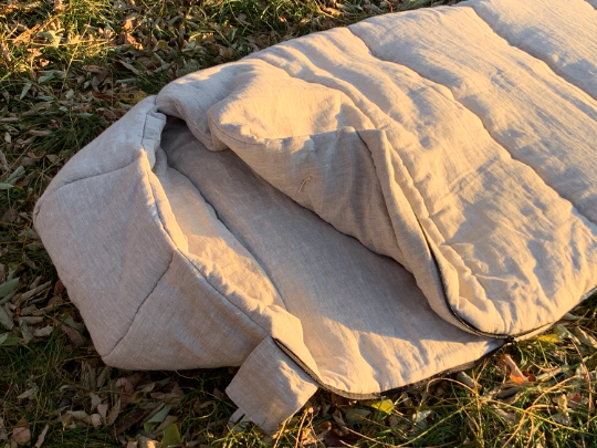 HEMP natural Sleeping bag with hood thick organic hemp fiber filling inside in linen non-dyed fabric hand made
