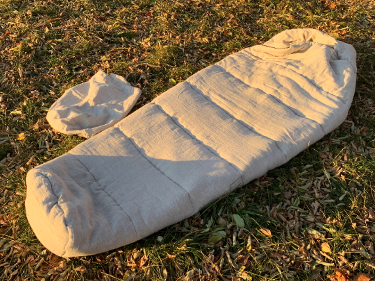 HEMP natural Sleeping bag with hood thick organic hemp fiber filling inside in linen non-dyed fabric hand made