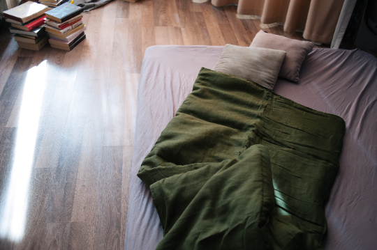 HEMP Sleeping bag "Forest Green" organic hemp fiber filling in natural linen fabric