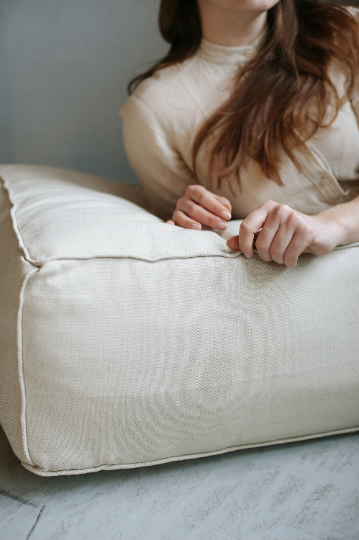 Unique HEMP floor cushion Marogan filled organic hemp fiber in thick natural linen fabric 24"x24" couch settee ottoman