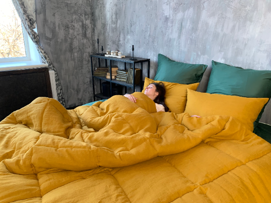 Thick natural HEMP comforter "mustard" blanket duvet insert Hemp filler in natural linen fabric Full Twin Queen King size