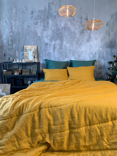 Natural HEMP LINEN Blanket "Mustard" quilt - linen organic fabric + filler organic Hemp fiber - Full Twin Queen King custom size
