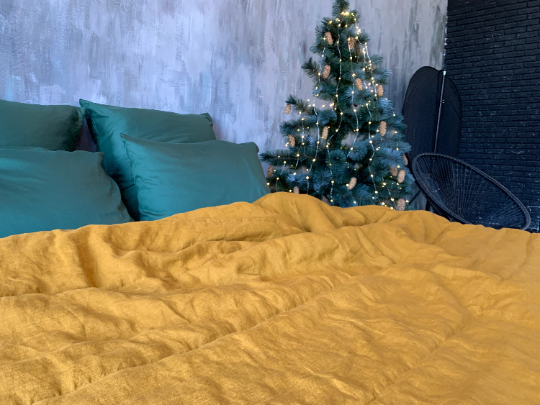 Natural HEMP LINEN Blanket "Mustard" quilt - linen organic fabric + filler organic Hemp fiber - Full Twin Queen King custom size