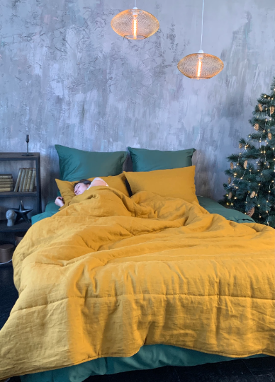 Natural HEMP LINEN Blanket "Mustard" quilt - linen organic fabric + filler organic Hemp fiber - Full Twin Queen King custom size