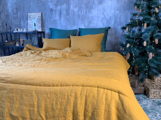 Natural HEMP LINEN Blanket "Mustard" quilt - linen organic fabric + filler organic Hemp fiber - Full Twin Queen King custom size