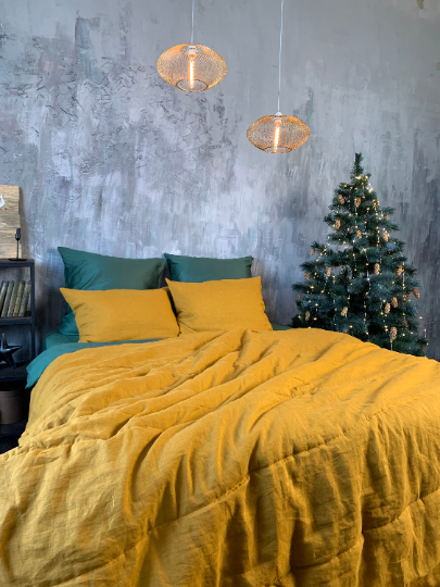 Natural HEMP LINEN Blanket "Mustard" quilt - linen organic fabric + filler organic Hemp fiber - Full Twin Queen King custom size