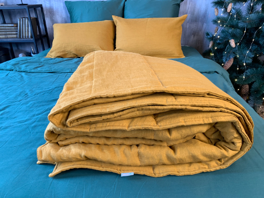Natural HEMP LINEN Blanket "Mustard" quilt - linen organic fabric + filler organic Hemp fiber - Full Twin Queen King custom size