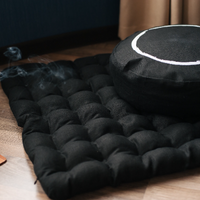 Black Meditation set of Zafu and Zabuton with white ring embroidery floor cushions with organic buckwheat hulls