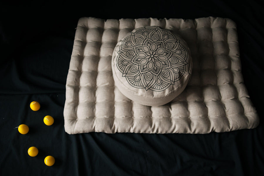 Embroidery Meditation Set Zafu & Zabuton with Buckwheat hulls Mandala Linen  Floor cushions Meditation pillow pouf PillowSeat Yoga