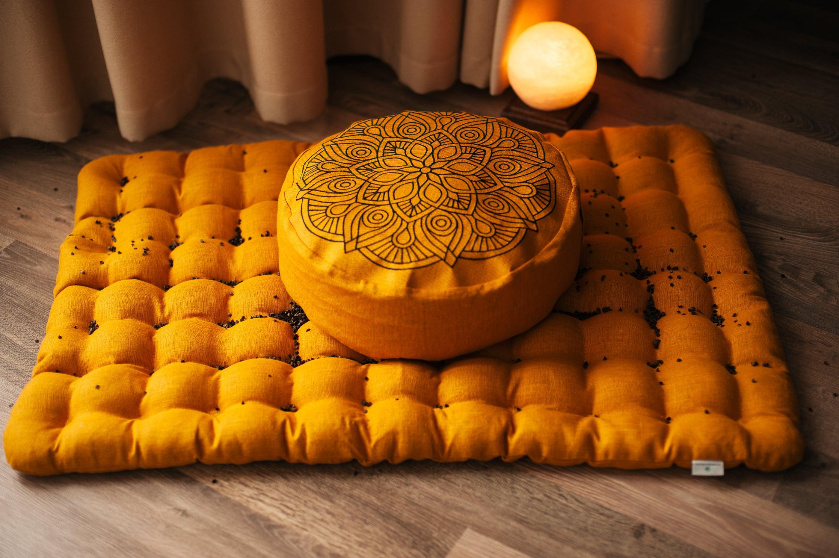 Embroidery mustardMeditation Set Zafu & Zabuton Mandala with Buckwheat hulls Linen Floor cushions meditation pillows