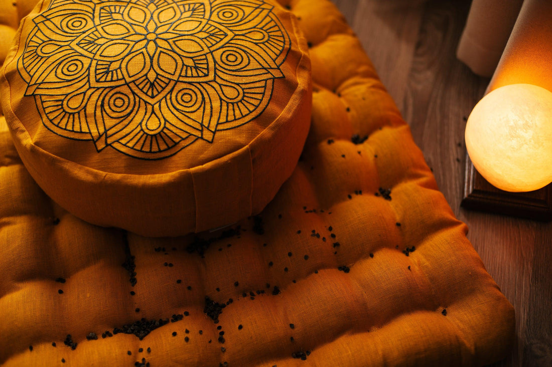 Embroidery mustardMeditation Set Zafu & Zabuton Mandala with Buckwheat hulls Linen Floor cushions meditation pillows