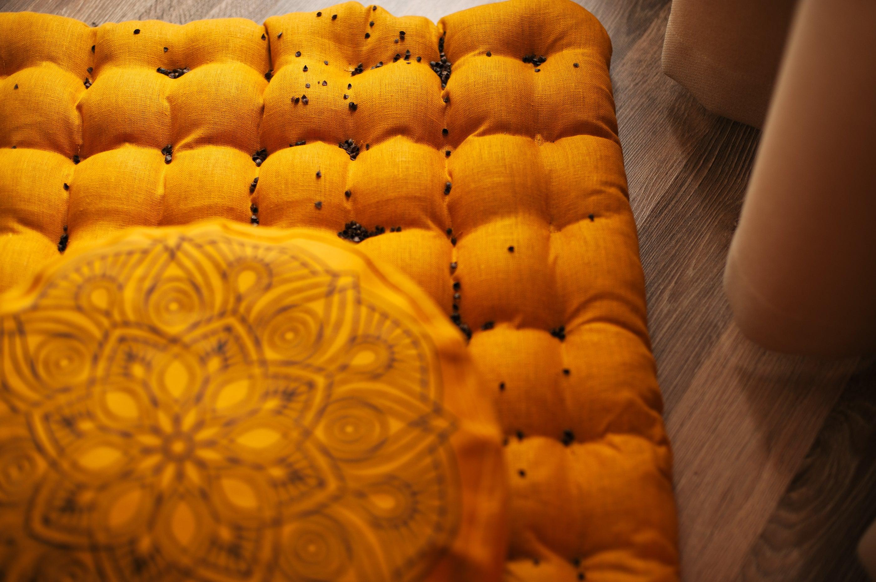 Embroidery mustardMeditation Set Zafu & Zabuton Mandala with Buckwheat hulls Linen Floor cushions meditation pillows