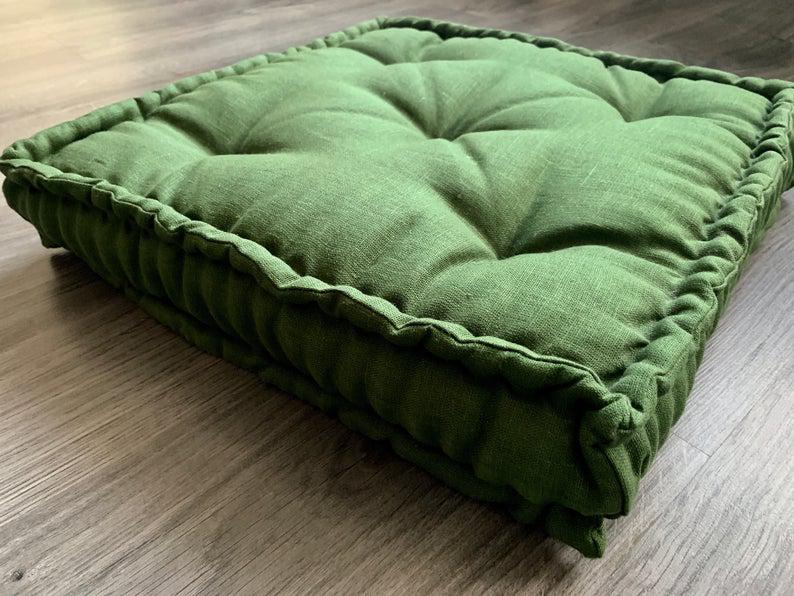 Green Hemp Floor cushion with organic hemp fiber filling in linen fabric / floor pillow Pillow seat/Meditation Yoga /Natural