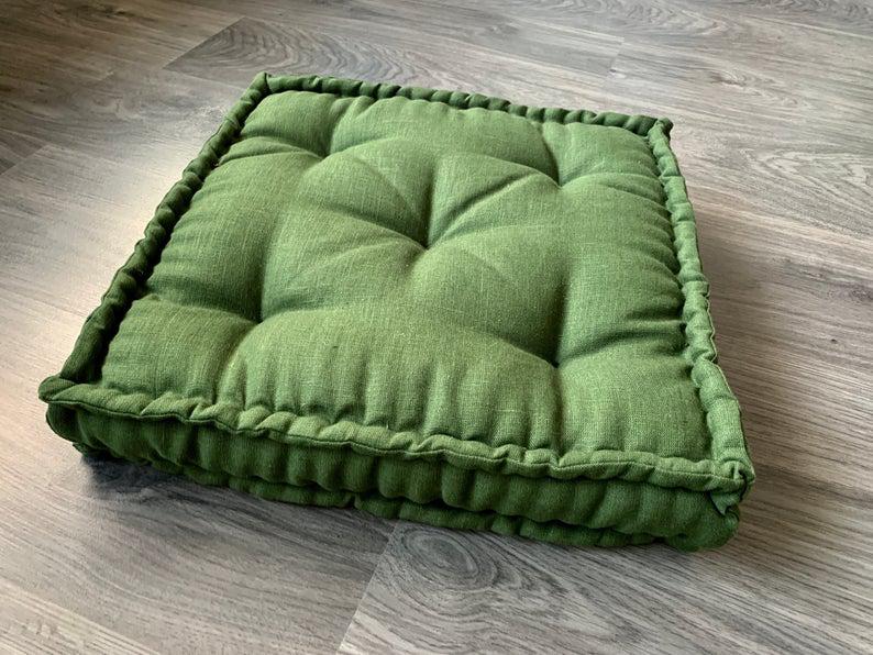 Green Hemp Floor cushion with organic hemp fiber filling in linen fabric / floor pillow Pillow seat/Meditation Yoga /Natural