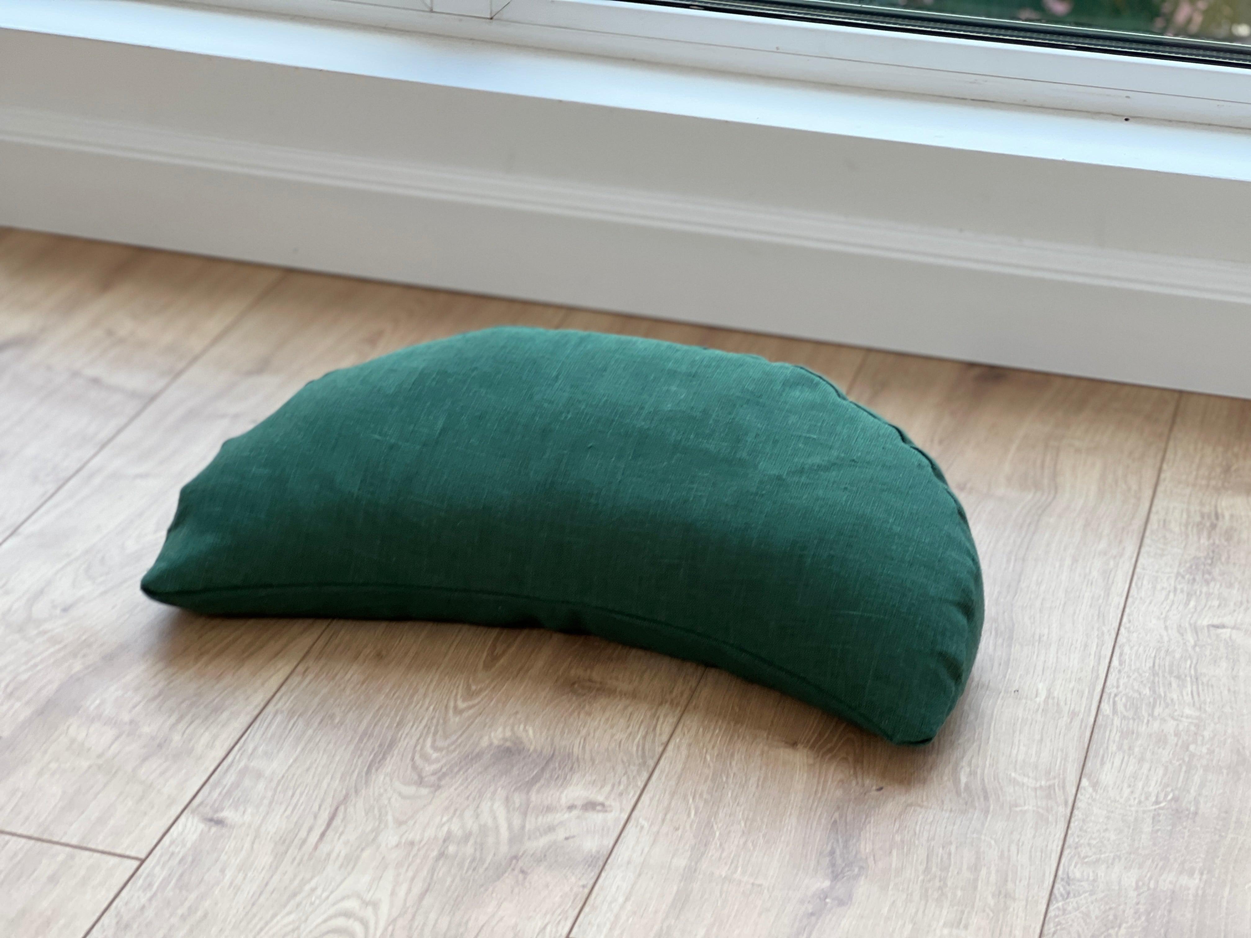 Set of linen meditation green Cresсent cushion + mat floor cushion 23" x 35" filled with buckwheat hulls