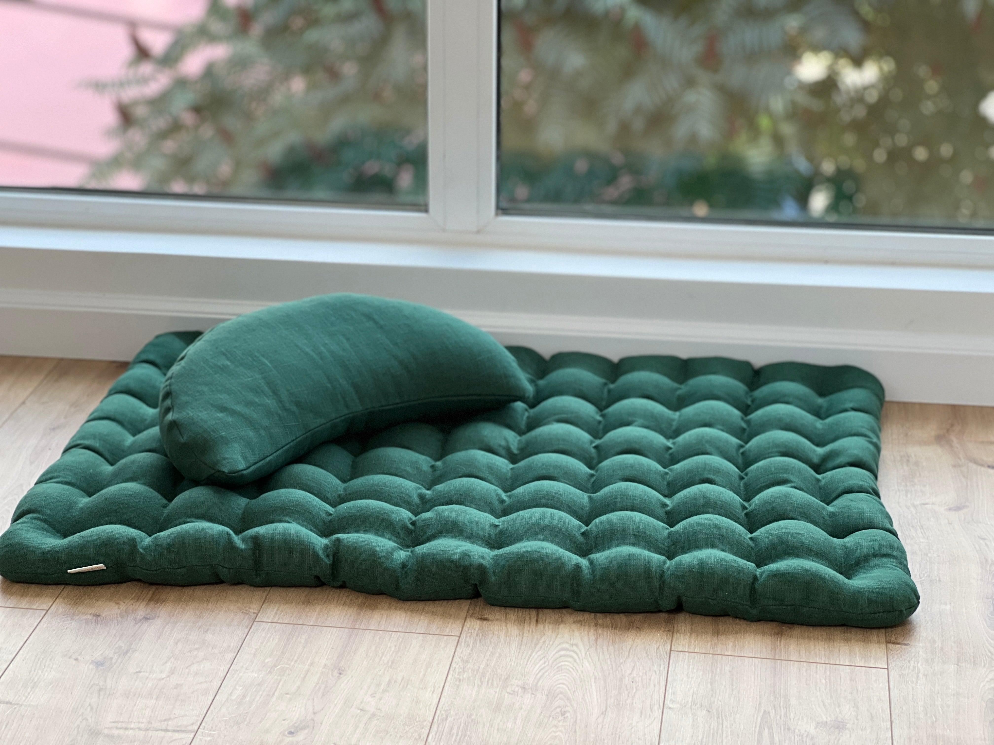 Set of linen meditation green Cresсent cushion + mat floor cushion 23" x 35" filled with buckwheat hulls
