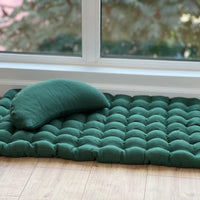 Set of linen meditation green Cresсent cushion + mat floor cushion 23" x 35" filled with buckwheat hulls