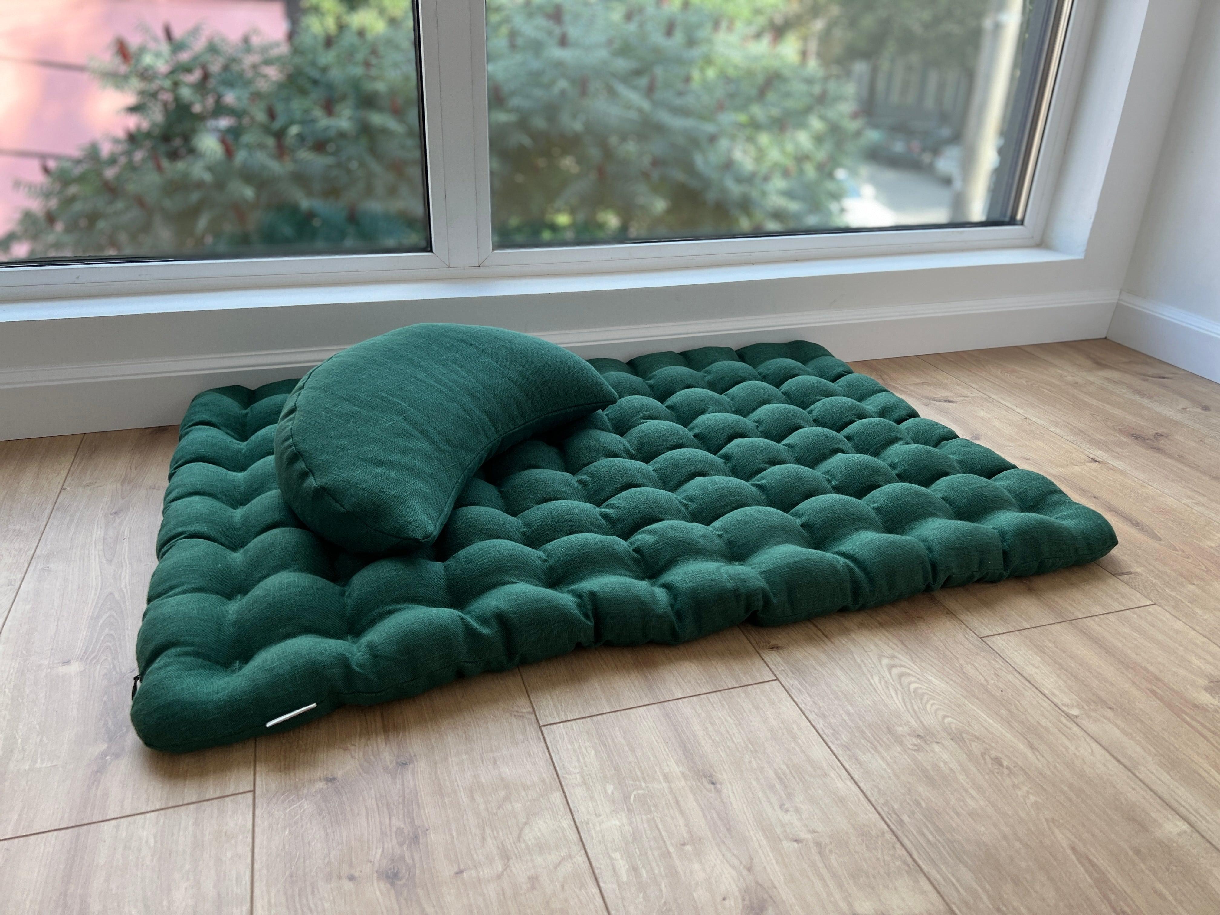 Set of linen meditation green Cresсent cushion + mat floor cushion 23" x 35" filled with buckwheat hulls