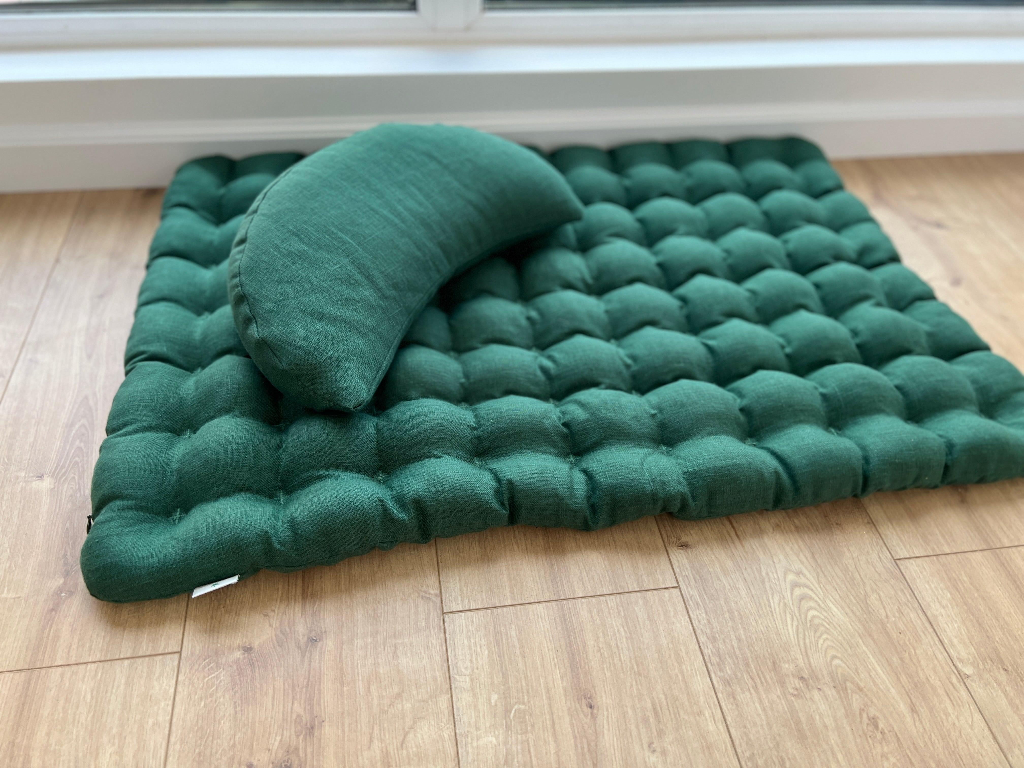 Set of linen meditation green Cresсent cushion + mat floor cushion 23" x 35" filled with buckwheat hulls