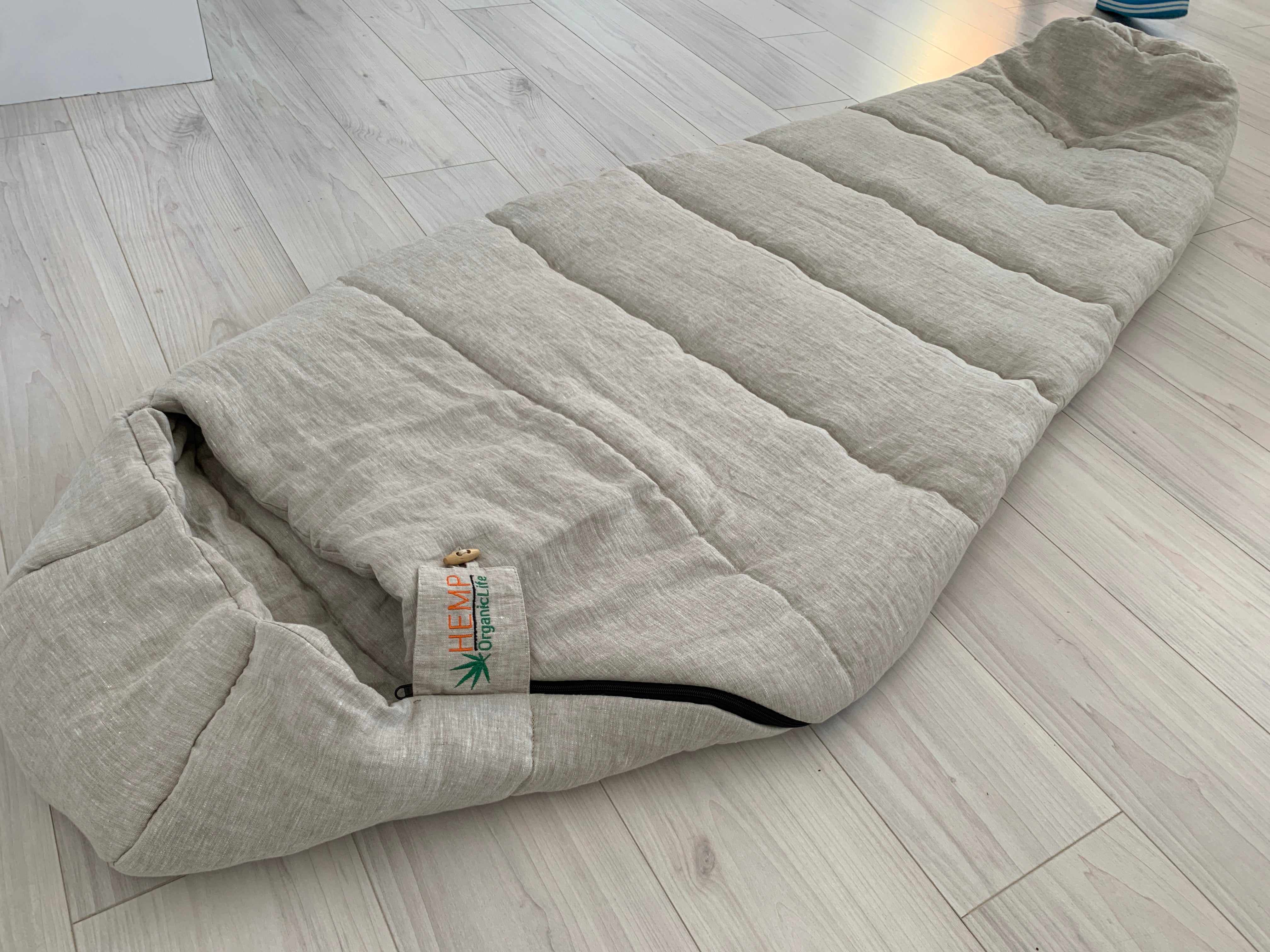 HEMP natural Sleeping bag with hood thick organic hemp fiber filling inside in linen non-dyed fabric hand made