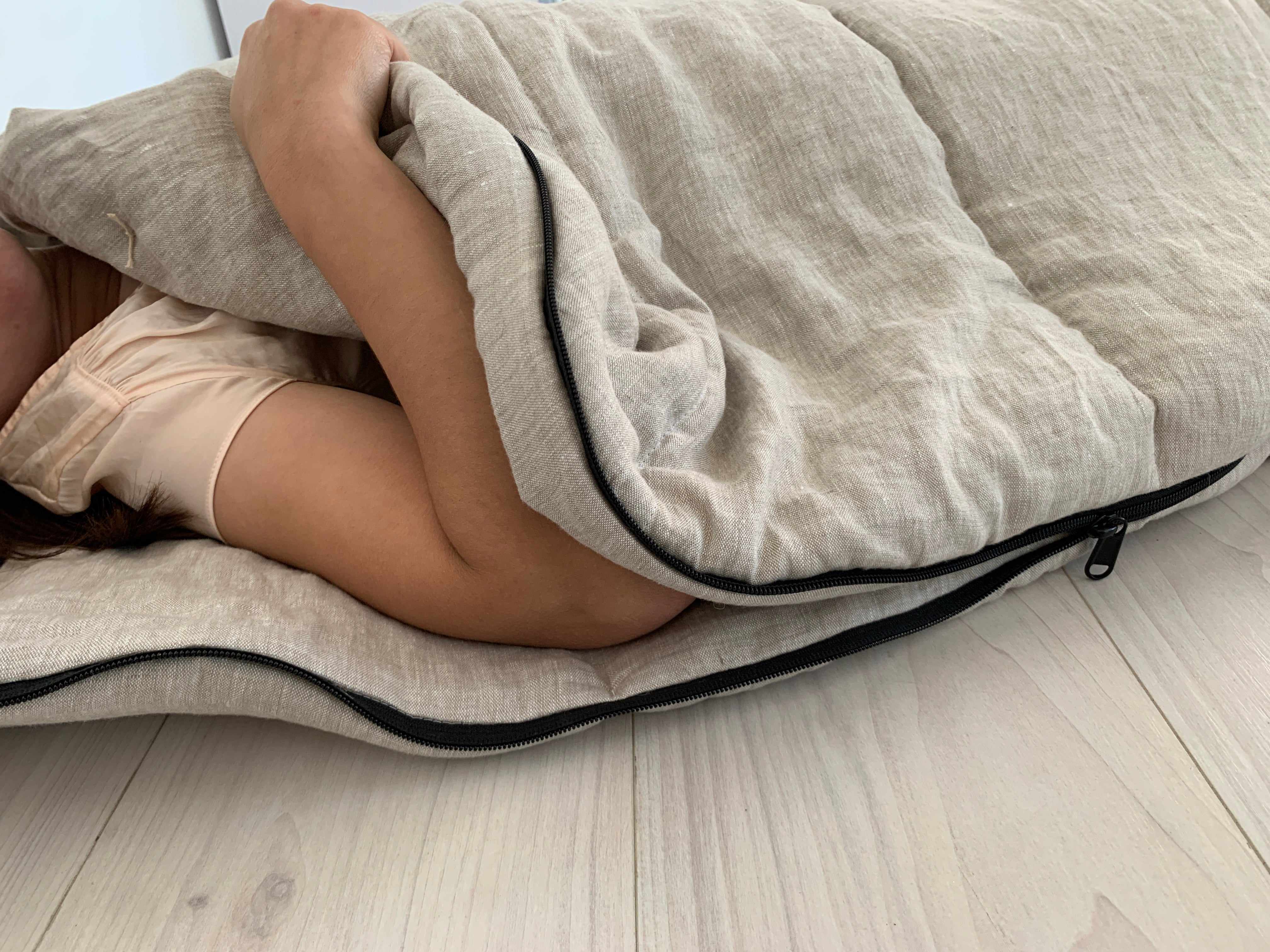 HEMP natural Sleeping bag with hood thick organic hemp fiber filling inside in linen non-dyed fabric hand made