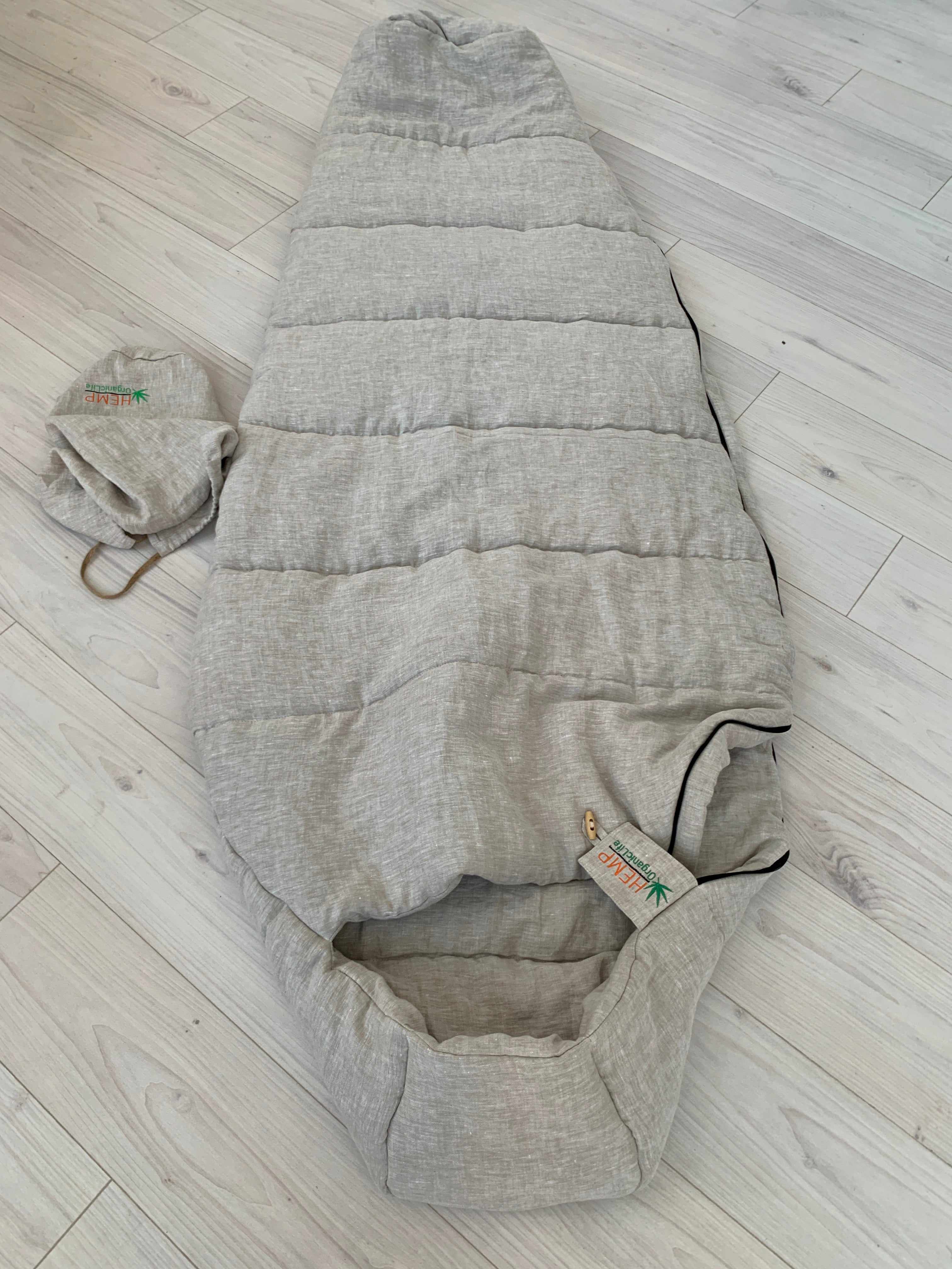 HEMP natural Sleeping bag with hood thick organic hemp fiber filling inside in linen non-dyed fabric hand made