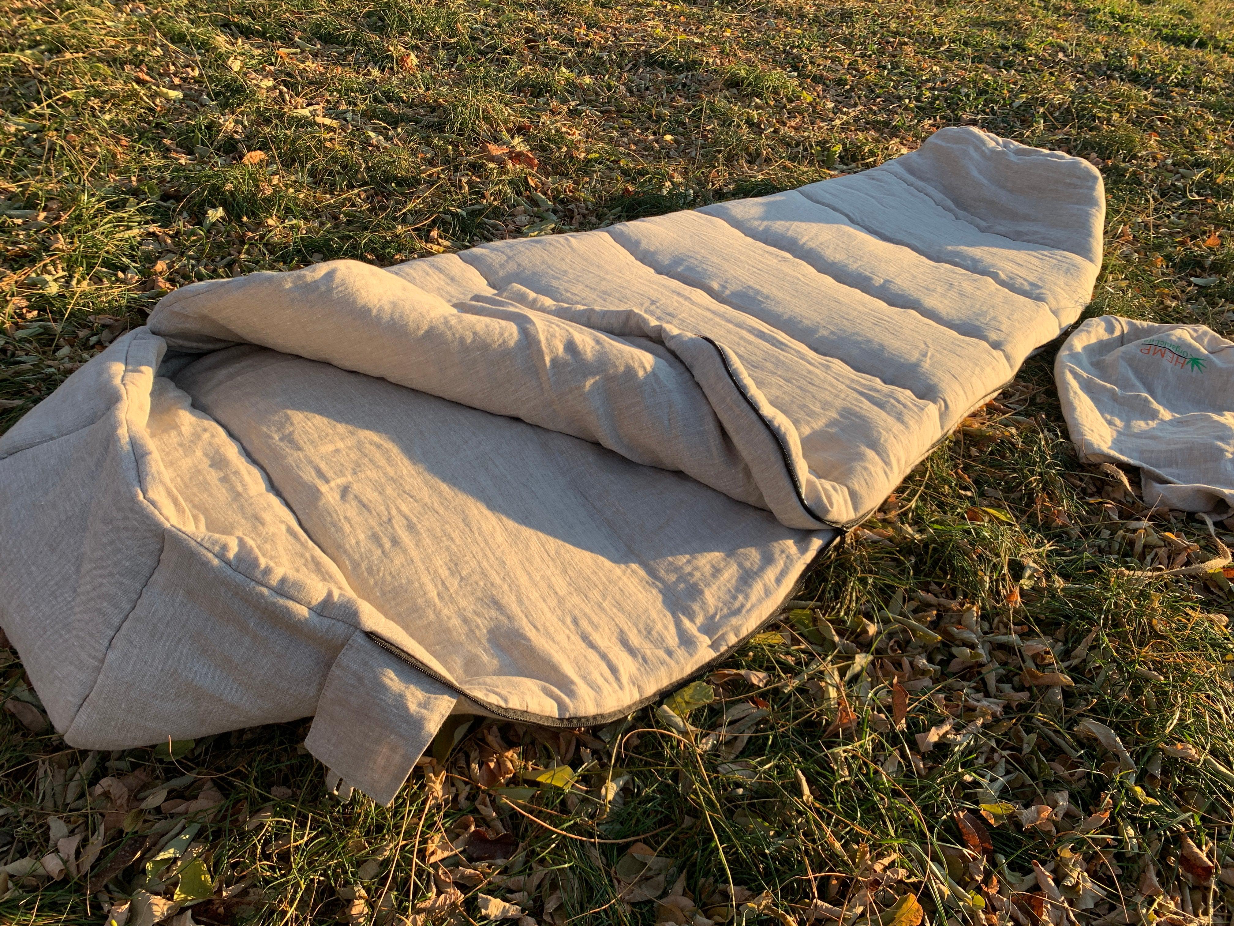 HEMP natural Sleeping bag with hood thick organic hemp fiber filling inside in linen non-dyed fabric hand made