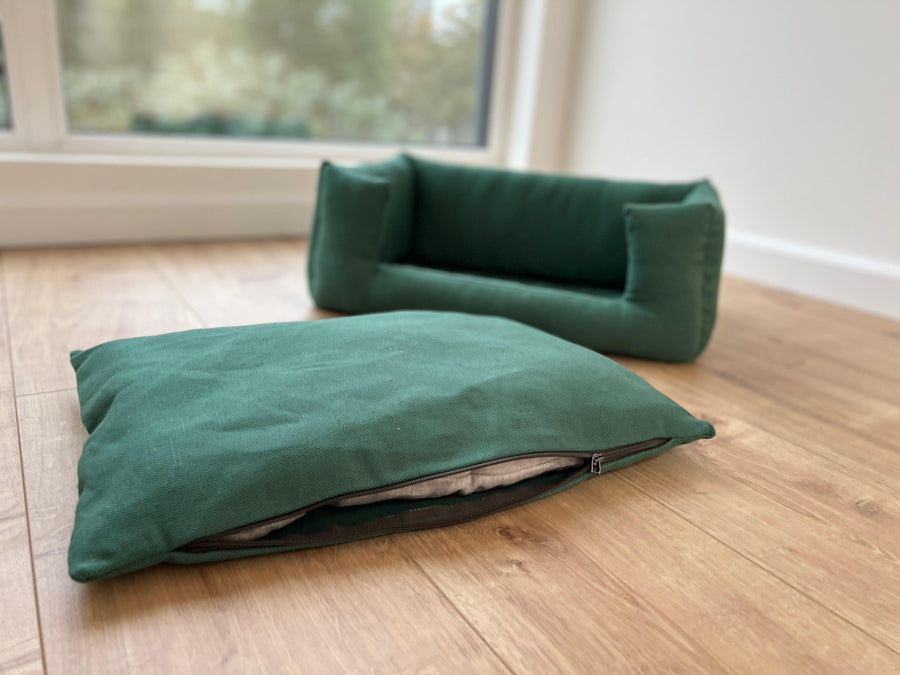 HEMP pet bed in natural Green linen fabric filled organic HEMP Fiber - mat carpet - house for cats organic