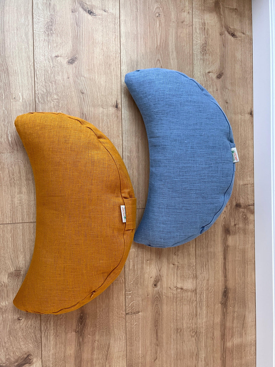 Set of two Yellow & Blue meditation natural Crescent linen cushions filled with buckwheat hulls gift for him for her Yoga support pillow