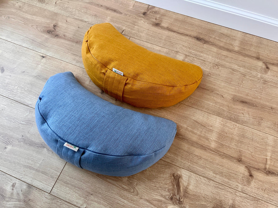 Set of two Yellow & Blue meditation natural Crescent linen cushions filled with buckwheat hulls gift for him for her Yoga support pillow