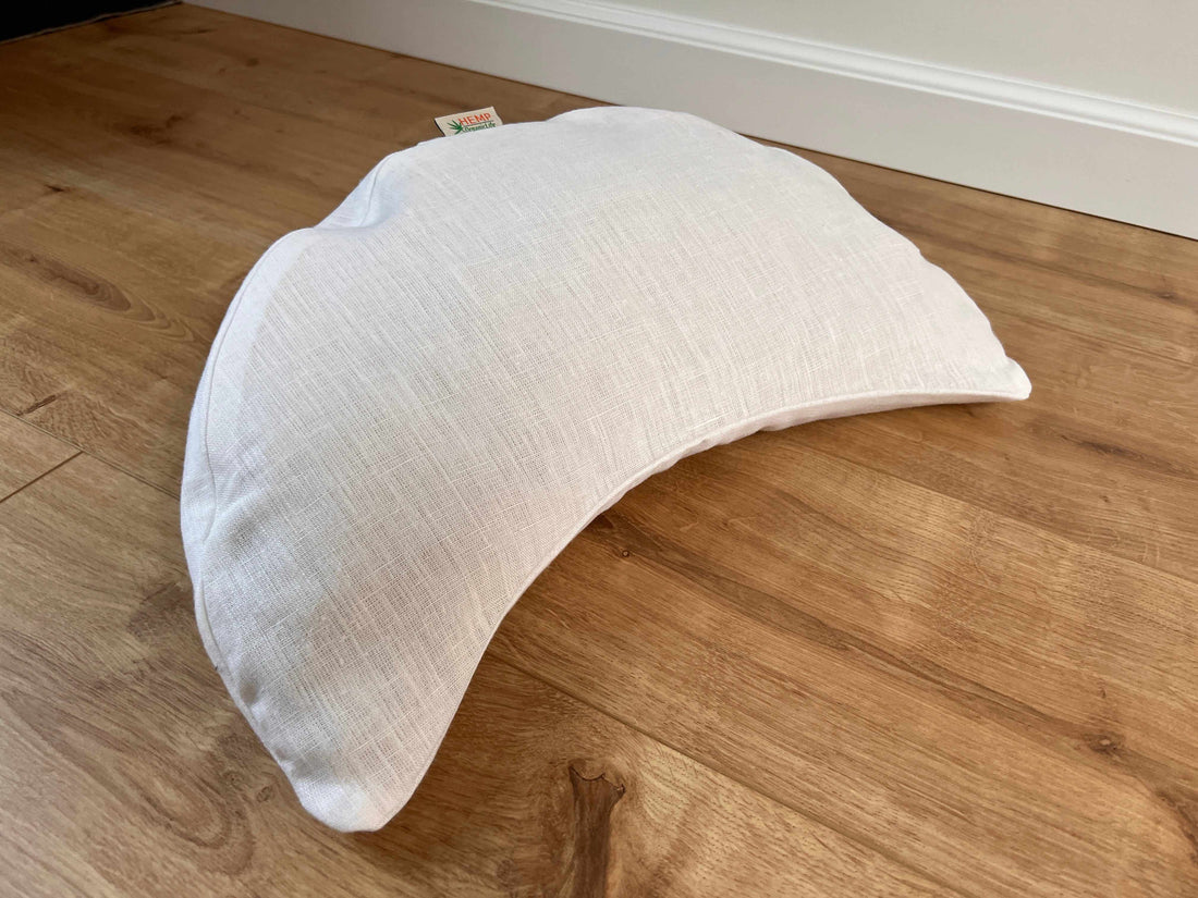 Linen meditation Cresсent cushion White filled with buckwheat hulls